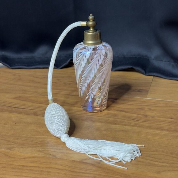 Vintage Pink Iridescent Art Glass Perfume Bottle Atomizer White Swirl 6.25” Tall - Picture 1 of 14